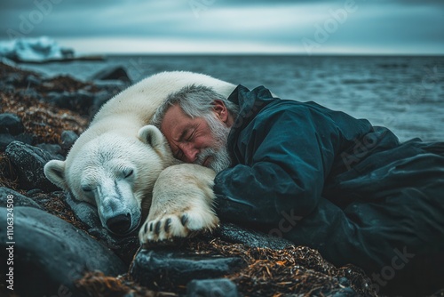 A figure in animal skin poses with the sea in the background