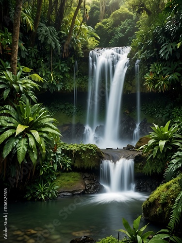 Majestic waterfall cascading through lush rainforest.