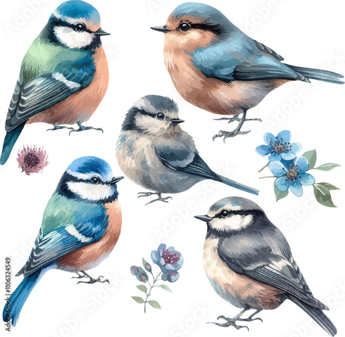 set with various, colorful birds in watercolor style in vector