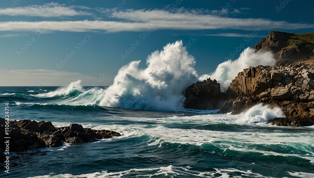 Majestic waves crashing on a rugged rocky coastline under a bright blue sky. Majestic waves crashing on a rugged rocky coastline under a bright blue sky.