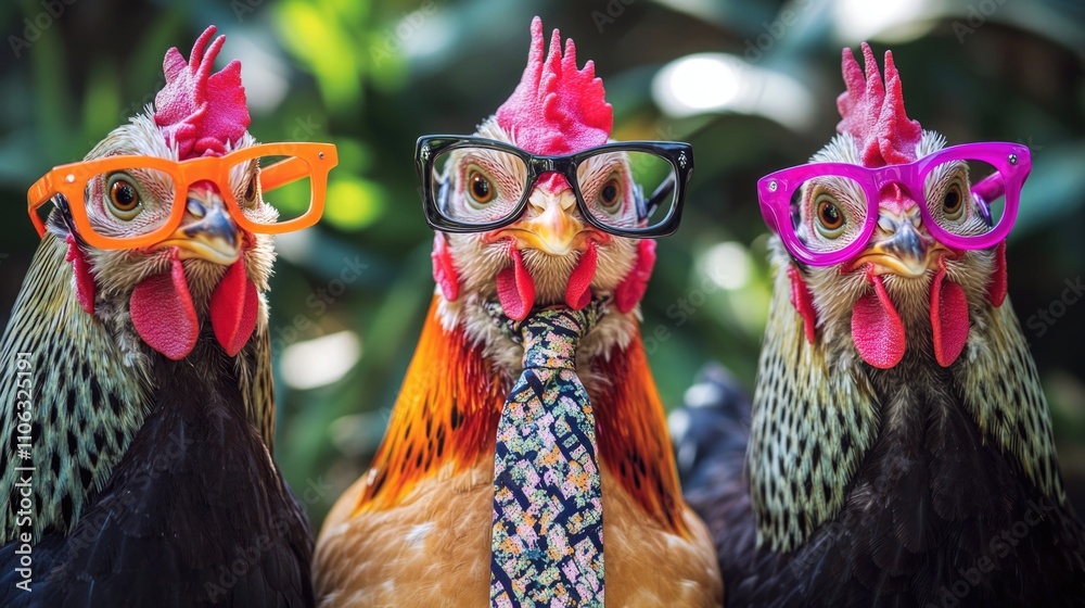 Fototapeta premium A group of chickens dressed in formal attire, featuring glasses and ties