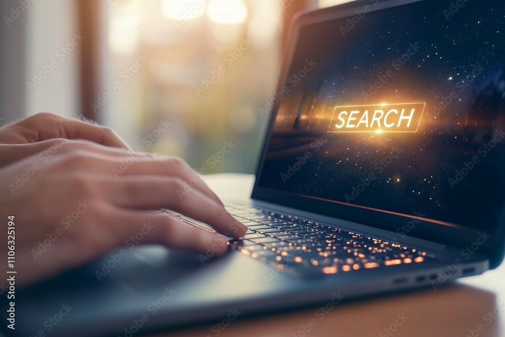 Hands typing on laptop with glowing search bar in nighttime setting Hands typing on laptop with glowing search bar in nighttime setting