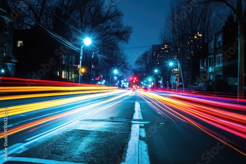 Nighttime city street scene with heavy traffic and bright lights