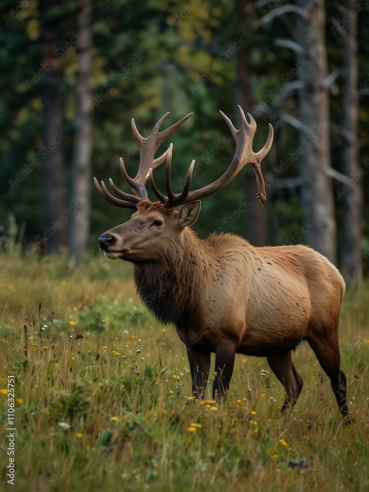 Fototapeta premium Male elk with broken antlers walking through a grassy clearing in late summer.