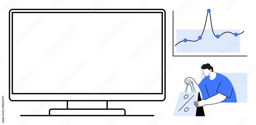 Desktop monitor, sales graph with upward trend, user holding shopping bags. Ideal for online commerce, digital marketing, sales analysis, e-shopping, retail strategies business growth. Line metaphor Desktop monitor, sales graph with upward trend, user holding shopping bags. Ideal for online commerce, digital marketing, sales analysis, e-shopping, retail strategies business growth. Line metaphor