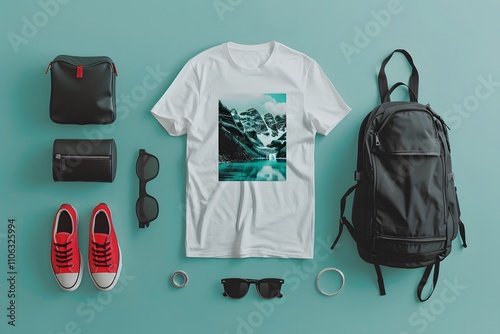 Flat Lay of White Graphic T-Shirt, Black Backpack, Red Sneakers, Wallet, and Sunglasses on Teal Background – Stylish Travel or Casual Adventure Look

 photo