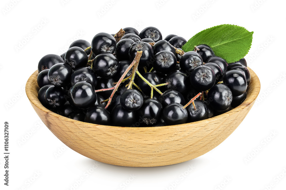 Chokeberry in wooden bowl isolated on white background. Black aronia. Chokeberry in wooden bowl isolated on white background. Black aronia.