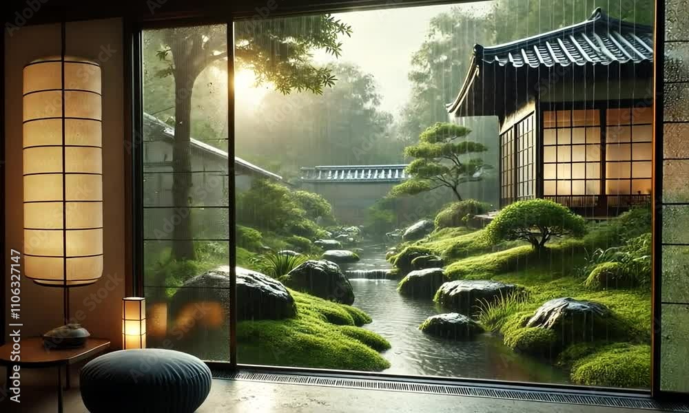 A serene garden scene with a gentle stream, lush greenery, and traditional architecture, evoking tranquility and nature's beauty.