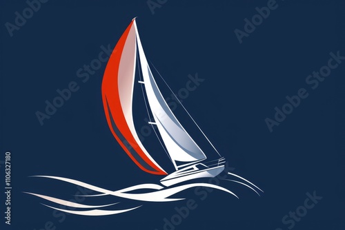 A sailboat with a red and white sail sailing on a dark blue background, great for nautical or ocean-themed designs