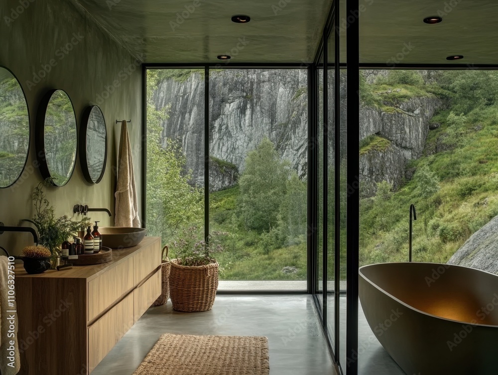 A bathroom with a bathtub and a sink. The sink is in front of a mirror. There is a basket in front of the sink A bathroom with a bathtub and a sink. The sink is in front of a mirror. There is a basket in front of the sink