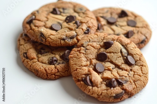 A pile of freshly baked chocolate chip cookies on a white surface