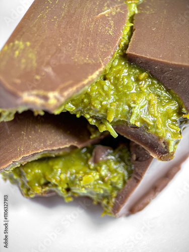Canvas Print Macro photo of Dubai chocolate with pistachio paste and kataifi dough