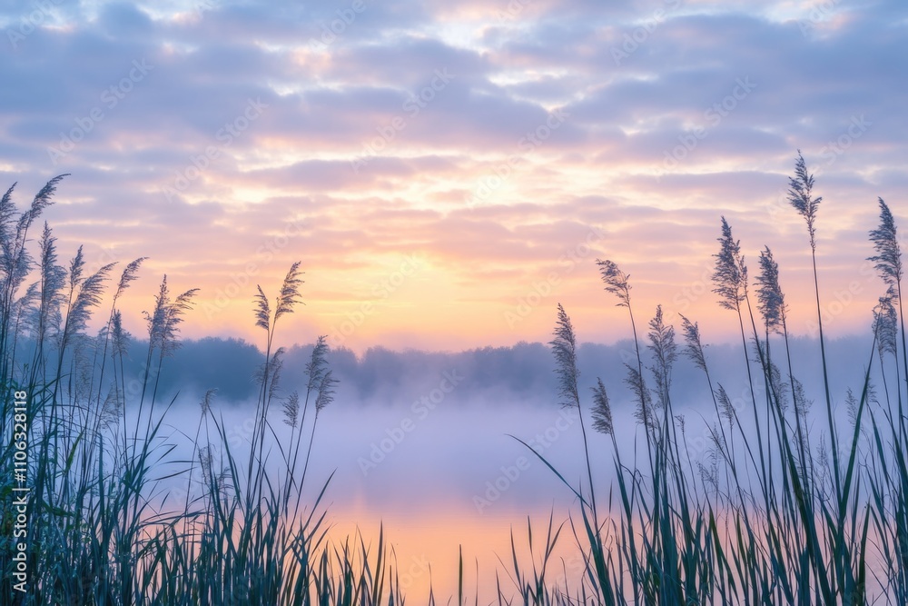 A serene landscape of a lake at sunset with tall grass surrounding it A serene landscape of a lake at sunset with tall grass surrounding it