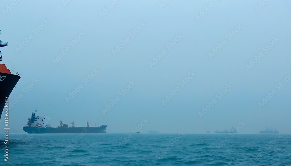 Busy ocean shipping scene with vessels navigating in a foggy sea. Busy ocean shipping scene with vessels navigating in a foggy sea.