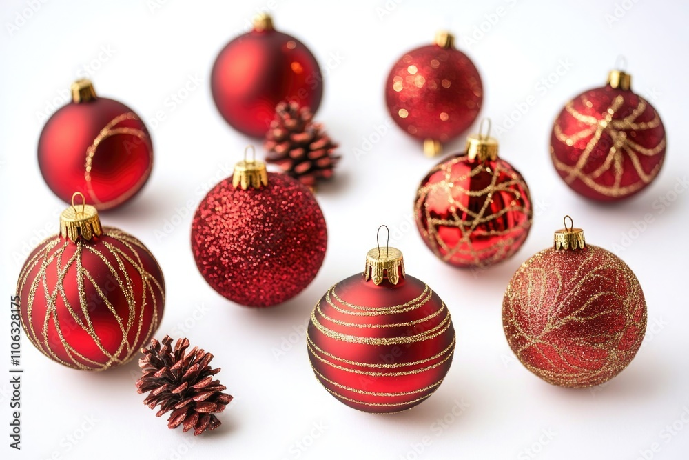 A collection of red and gold Christmas ornaments on a tree or mantel A collection of red and gold Christmas ornaments on a tree or mantel