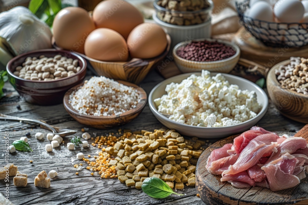 A wooden table set with bowls of various foods, ideal for use in editorial or commercial contexts A wooden table set with bowls of various foods, ideal for use in editorial or commercial contexts