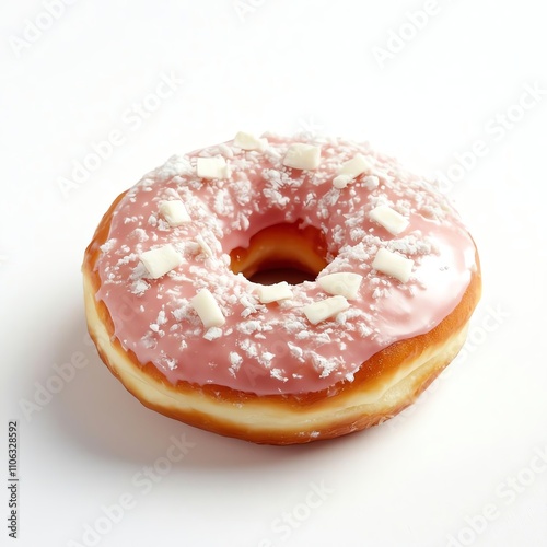 A delicious pink frosted donut topped with white sprinkles, presenting a sweet and tempting treat perfect for dessert lovers and coffee pairings. photo