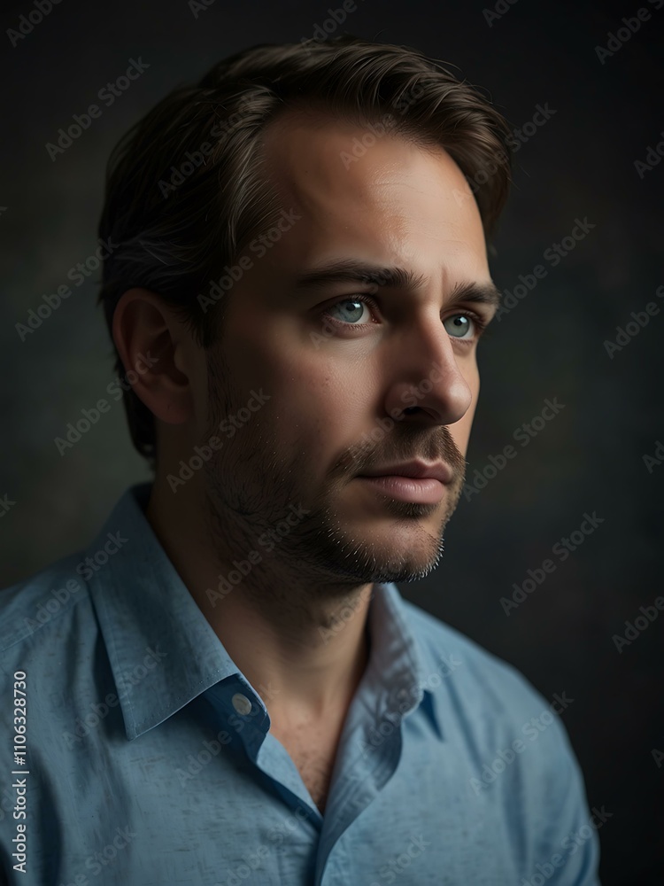 Obraz premium Man in a blue shirt deep in thought, looking away.