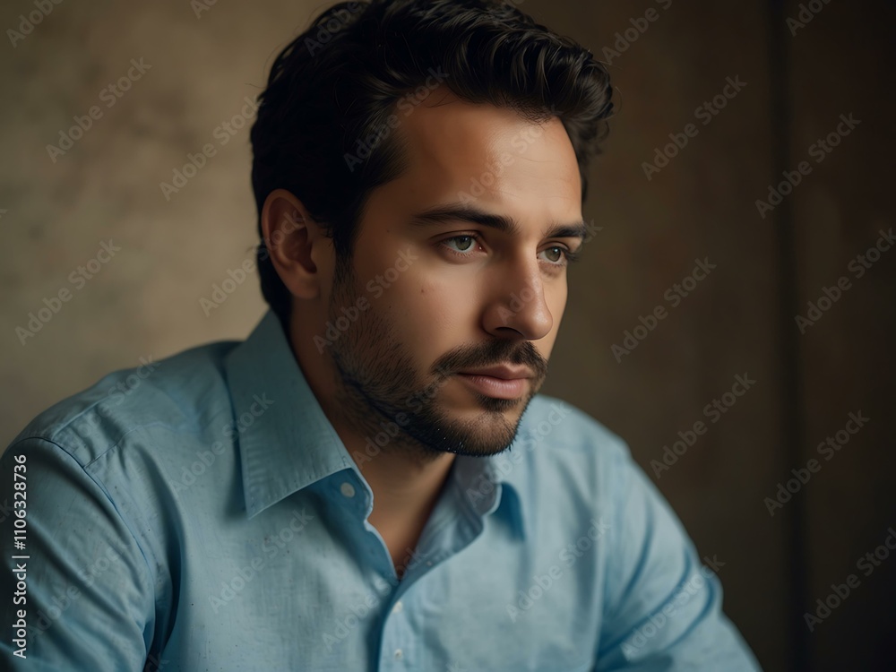 Obraz premium Man in a blue shirt, contemplating.