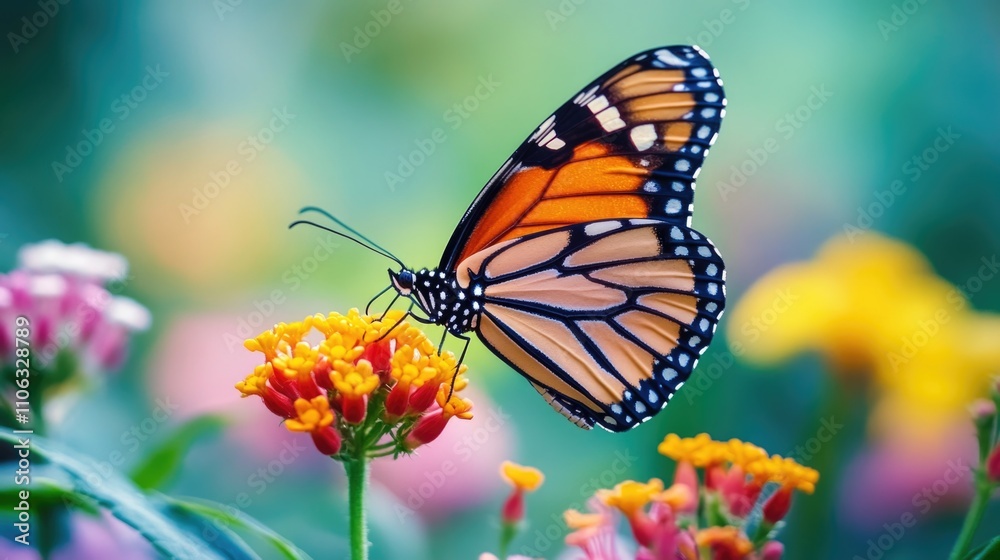 A monarch butterfly perched on a colorful flower in a garden, providing a sense of serenity and beauty A monarch butterfly perched on a colorful flower in a garden, providing a sense of serenity and beauty