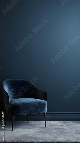 Minimalist plain blue wall with a dark blue velvet chair and rug