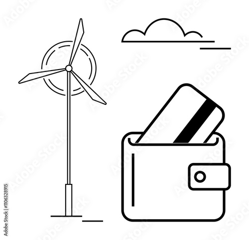 Wind turbine, wallet with credit card, and cloud illustrating the connection between renewable energy and financial management. Ideal for sustainability, finance, environmental awareness, green
