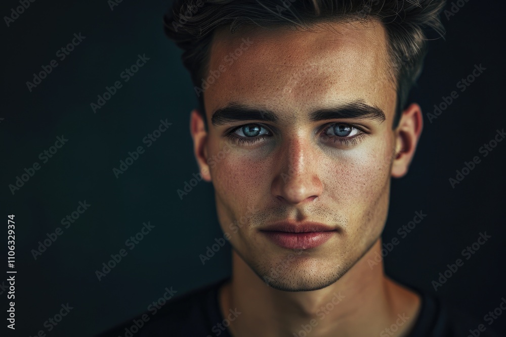 A close-up shot of a young man's face with piercing blue eyes