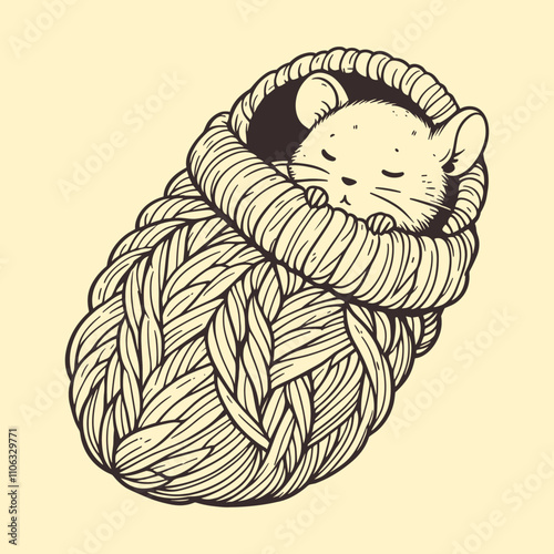 cute mouse in a knitted sleeping bag vintage sketch