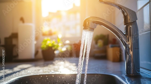 A kitchen sink with a faucet flowing water, ideal for illustration or graphic design photo