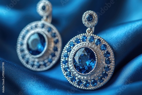 A pair of earrings with blue gemstones elegantly placed on blue silk fabric. A luxurious and vibrant composition for jewelry concepts. Banner with space for text photo