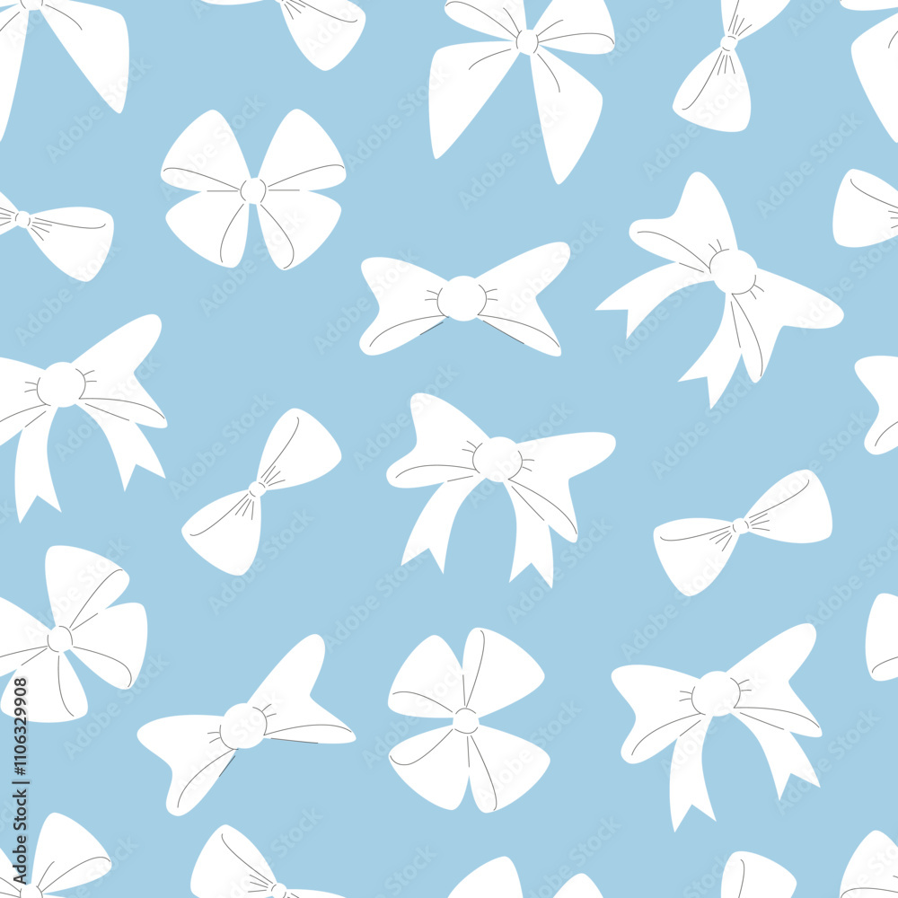 Fototapeta premium Ribbon Bows Seamless Pattern. White Ribbon Bows on Blue Background.