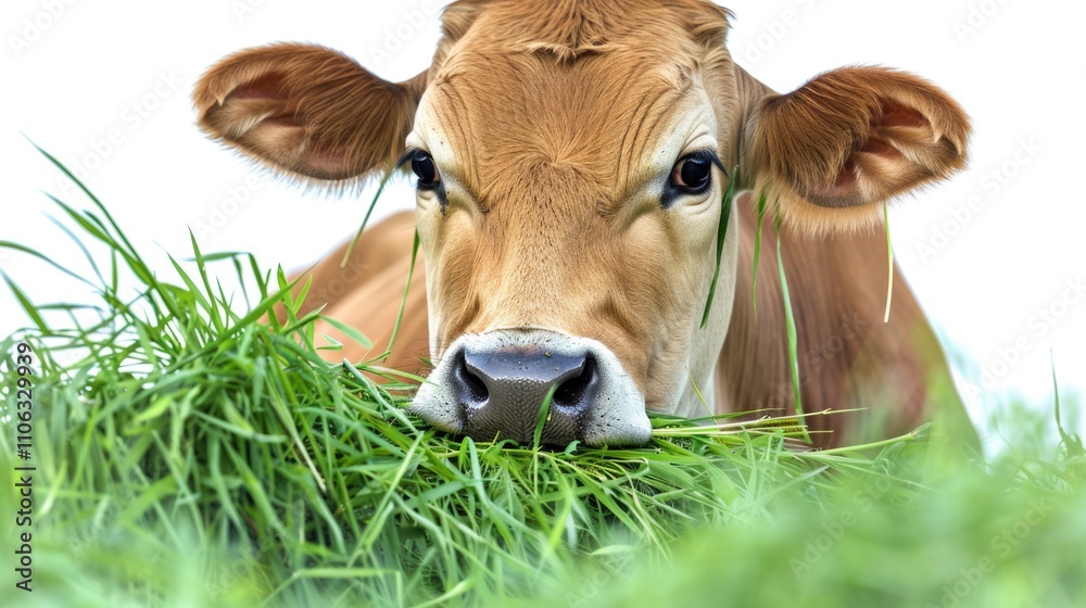 A close-up shot of a cow grazing in a lush green field A close-up shot of a cow grazing in a lush green field