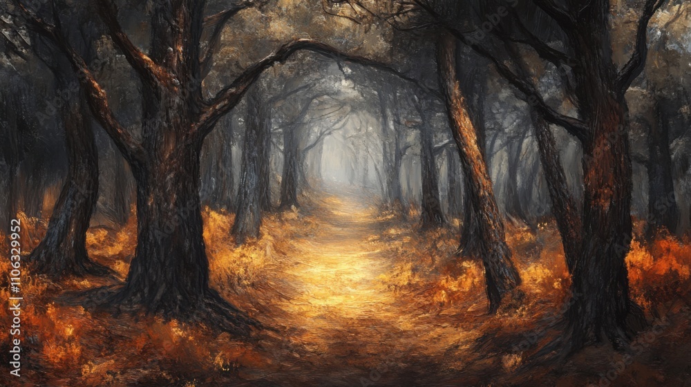 Obraz premium Paisaje forestal con sendero iluminado