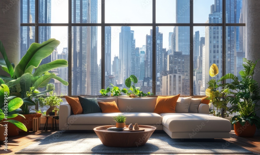 Modern living room with large windows, plants, and comfortable furniture overlooking a city skyline. Concept of urban living and green interior design Modern living room with large windows, plants, and comfortable furniture overlooking a city skyline. Concept of urban living and green interior design