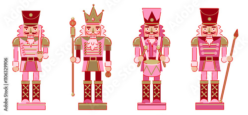 Set of Pink Traditional Nutcracker Soldiers. Christmas Toy Decoration.