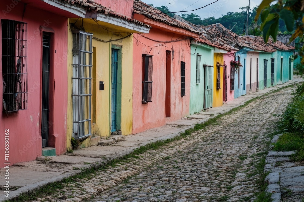 Fototapeta premium A charming cobblestone street surrounded by vibrant buildings, perfect for use in travel or architecture illustrations