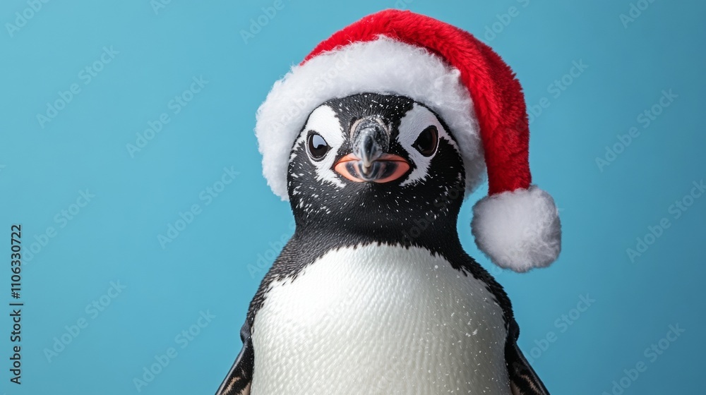 Naklejka premium A penguin sports a cheerful Santa hat, bringing a festive spirit. With a bright blue background, this playful moment embodies the joy of the holiday season. With copy space for text