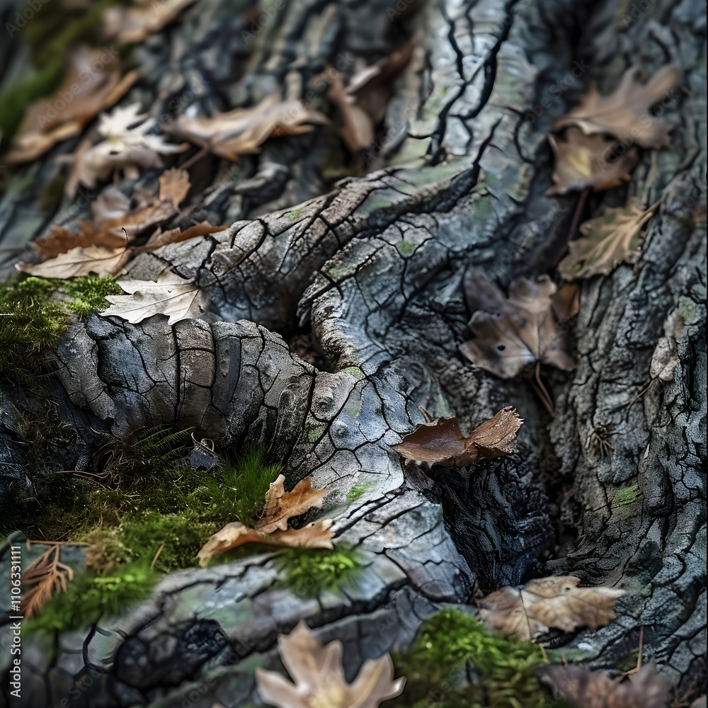 Nature's Intricate Textures: A Harmonious Blend of Tree Bark, Leaves, and Moss Nature's Intricate Textures: A Harmonious Blend of Tree Bark, Leaves, and Moss