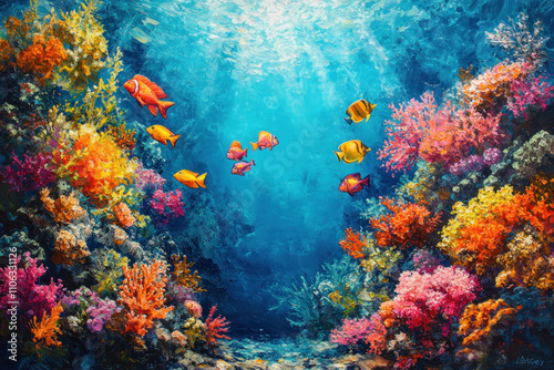 Vibrant coral reef teeming with colorful fish.