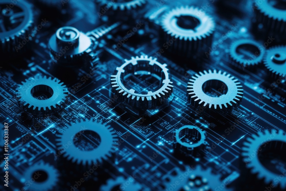 Close-up shot of gears on a computer motherboard, suitable for tech-related projects Close-up shot of gears on a computer motherboard, suitable for tech-related projects