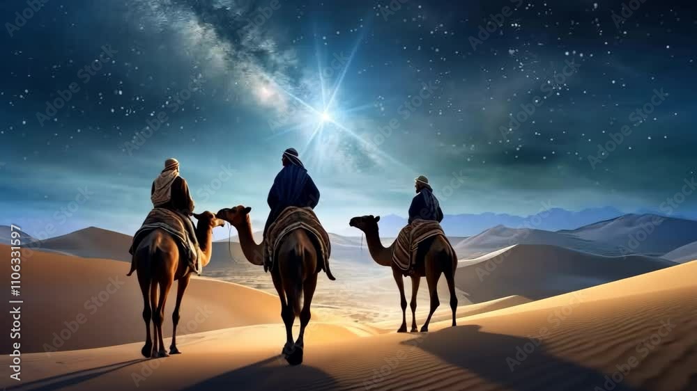 Silhouettes of the Magi riding their camels against the backdrop of a dazzling night sky, their path lit by a singular Nativity Star. Epiphany celebrated on Three Kings Day.