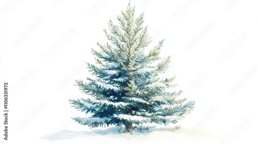 A beautiful watercolor illustration of a pine tree covered in snow A beautiful watercolor illustration of a pine tree covered in snow