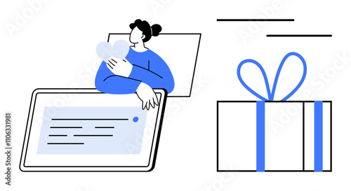 Person holding a heart shape and engaging with a large tablet, accompanied by a blue and white gift box with a bow. Ideal for technology, love, holidays, shopping, online communication, gifting