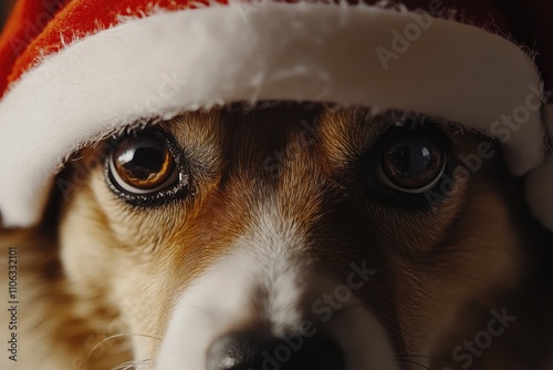 A close-up shot of a dog wearing a Santa hat, ideal for holiday-themed designs and promotions photo