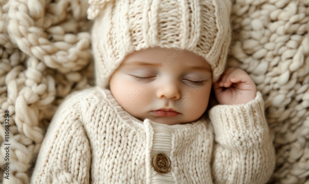 Newborn baby peacefully sleeping, dressed in a cozy cream knitted outfit, wrapped in matching chunky knit blanket. Soft, serene atmosphere Newborn baby peacefully sleeping, dressed in a cozy cream knitted outfit, wrapped in matching chunky knit blanket. Soft, serene atmosphere