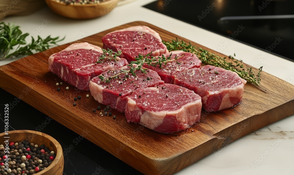 Raw steaks on a wooden board, garnished with peppercorns and herbs, ready for cooking Raw steaks on a wooden board, garnished with peppercorns and herbs, ready for cooking