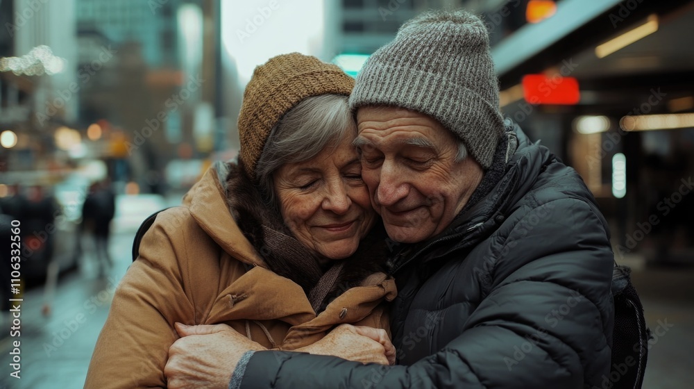 A romantic moment between two people, captured on a busy city street