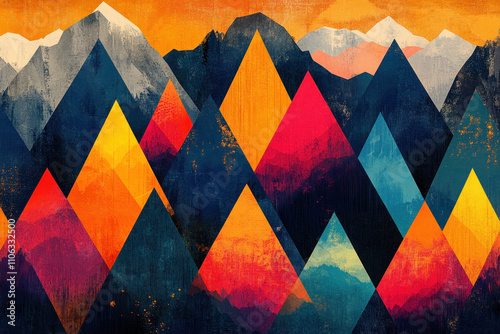Colorful mountain landscape with vibrant sunset colors highlighting jagged peaks.