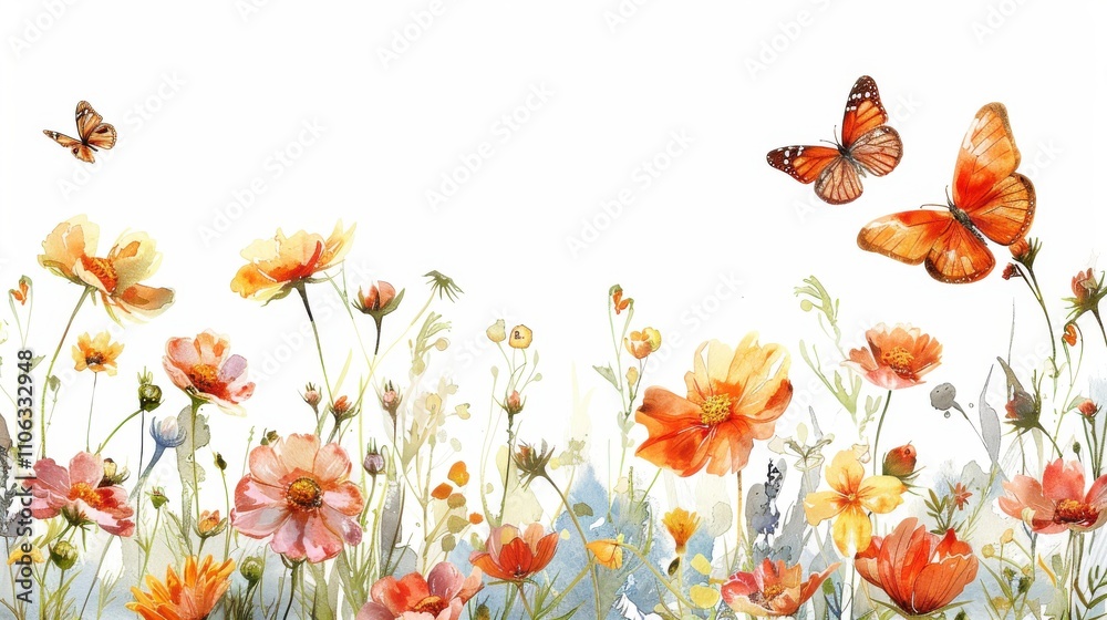 Obraz premium A beautiful field of watercolor wildflowers and butterflies, creating a border on a clean white background