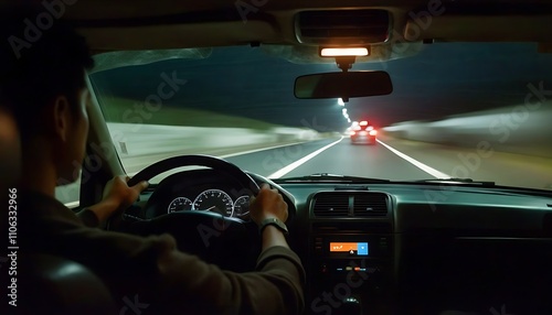 Night driving on urban highway, focus on the road